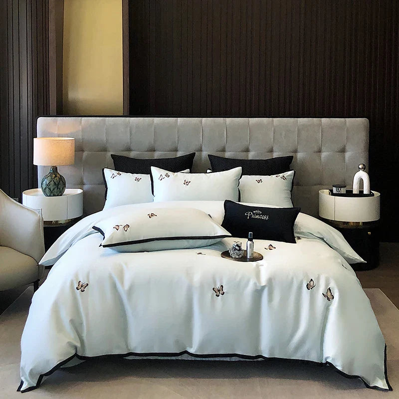 Afralia™ 600TC Egyptian Cotton Butterfly Embroidery Bedding Set: Duvet, Sheet, Pillowcases