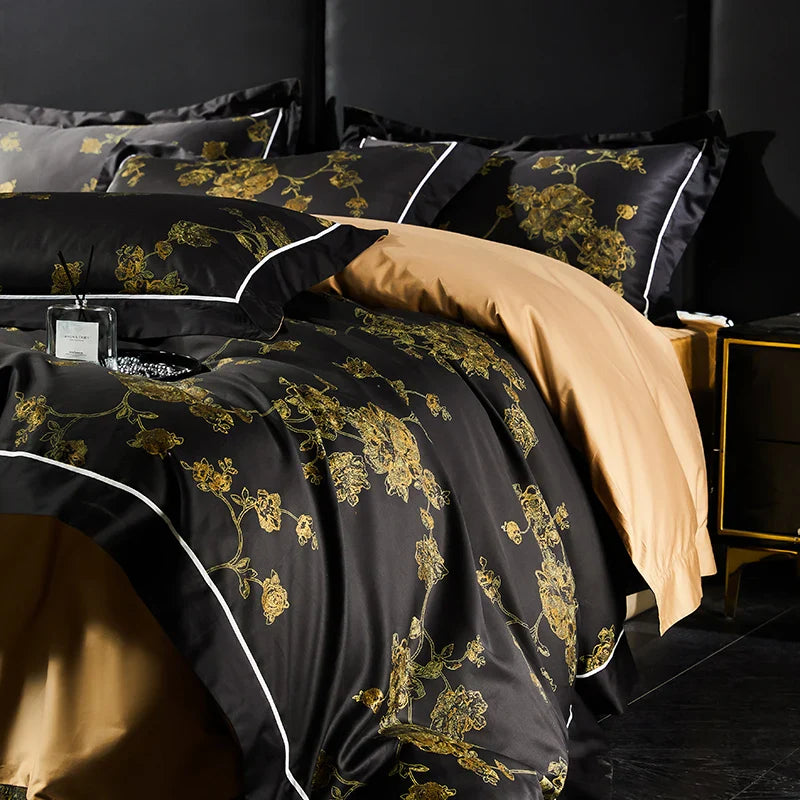 Afralia™ Gold Flowers Luxury Egyptian Cotton Bedding Set with 1000TC Soft Duvet Cover, Sheets, Pillowcases