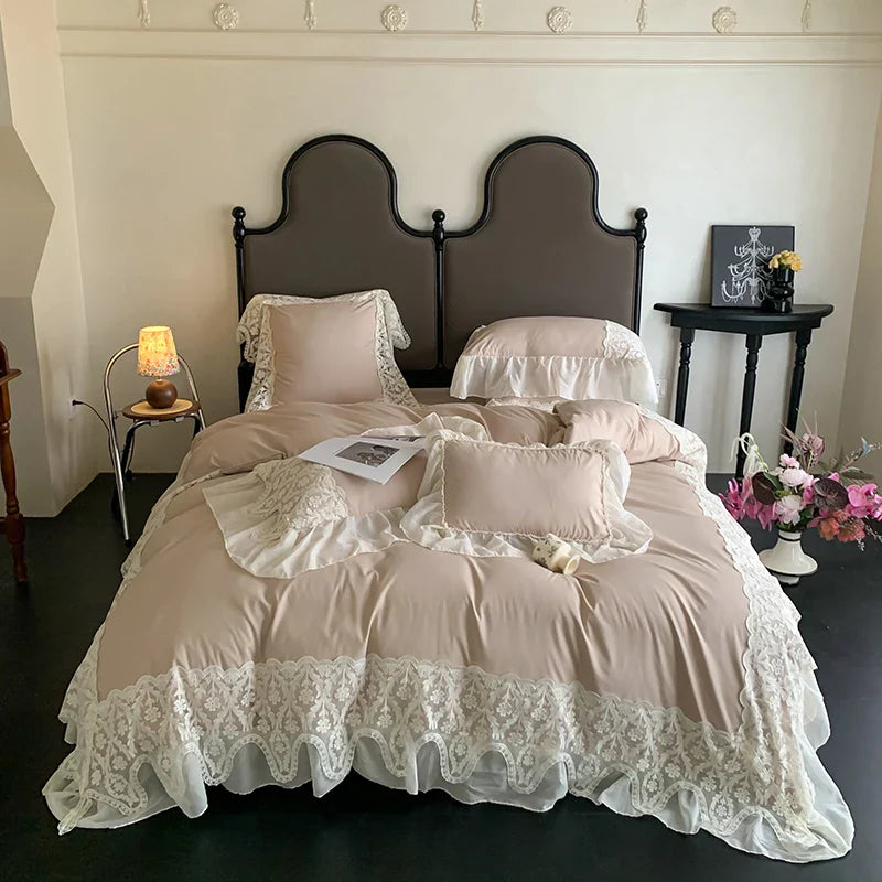 Afralia™ Romance Lace Ruffles Bedding Set 4Pcs, 200x230cm, Princess Wedding Theme