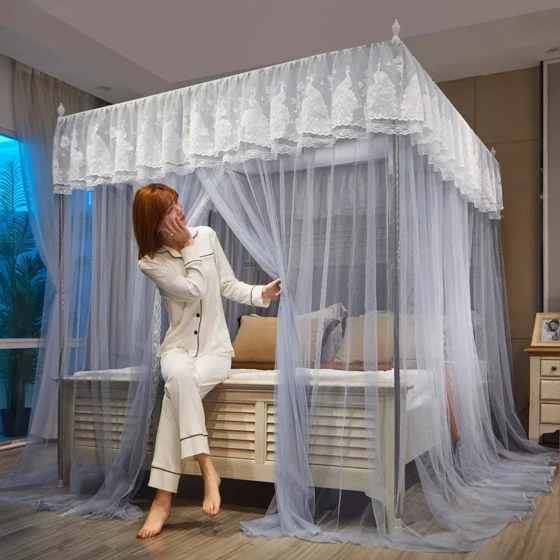 Afralia™ Lace Palace Mosquito Net Tent for Queen/Double Bed with Stainless Steel Frame