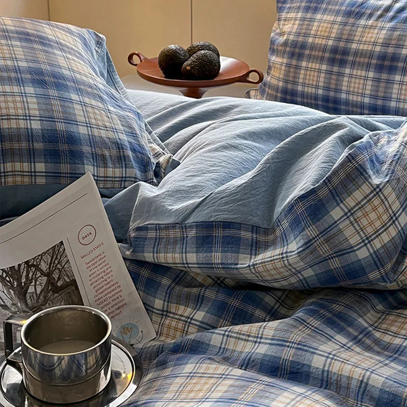 Nordic Grid Print Bedding Set in Wash Cotton Linen for Single Double Bed by Afralia™