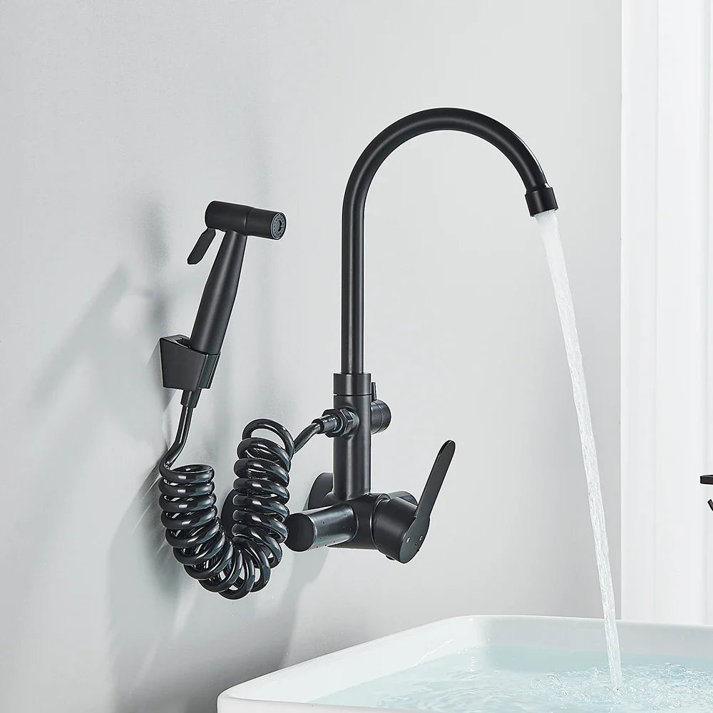 Afralia™ Black SUS 304 Wall Mounted Gourmet Kitchen Faucet with Extendable Bidet