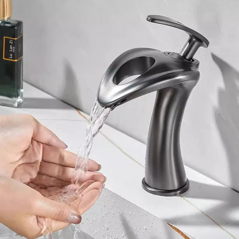 Afralia™ Waterfall Basin Faucet, Solid Brass Hot Cold Sink Faucet, Deck Mounted Lavatory Faucet