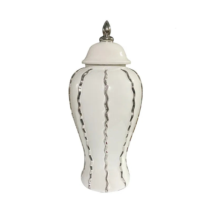 Afralia™ Silver Wave Edge Ceramic Ginger Jar Home Decor Vase Storage Tank