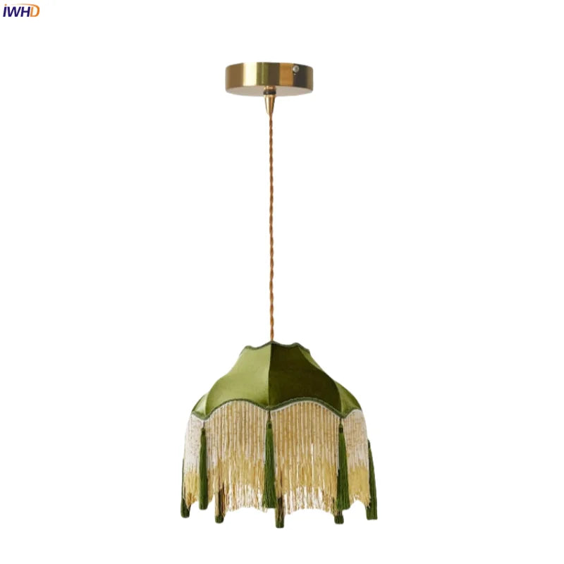 Afralia™ Green Tassel LED Pendant Light - American Vintage Hanging Lamp for Home and Café.