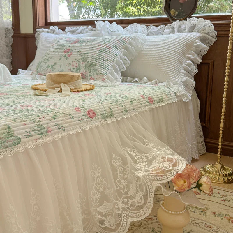Afralia™ Lace Ruffles Bed Skirt Set with Pillowcases for 1.2-2M Beds