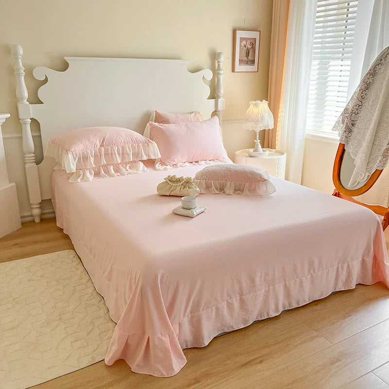 Afralia™ Pink Chiffon Lace Ruffles French Princess Bedding Set - 6-Piece Queen Size