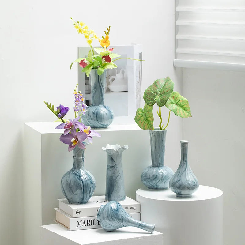 Afralia™ Marble Ceramic Vase Chinese Vintage Bottle Flower Arrangement Living Room Ornament