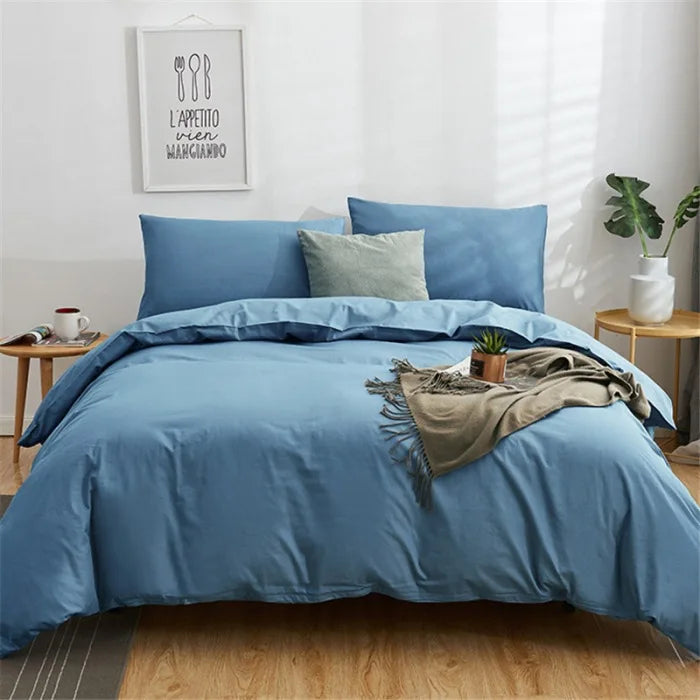 Afralia™ Cotton 4pcs Bedding Set Double Queen Solid Color Duvet Cover Flat Bed Sheet