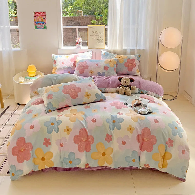 Afralia™ Snowflake Velvet Cute Cartoon Flower Bedding Set for Single Queen
