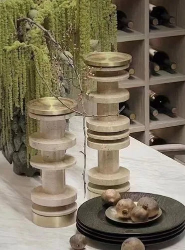 Afralia™ Marble Candle Holder with Metal Base Luxury Home Decor Beige Brown Travertine