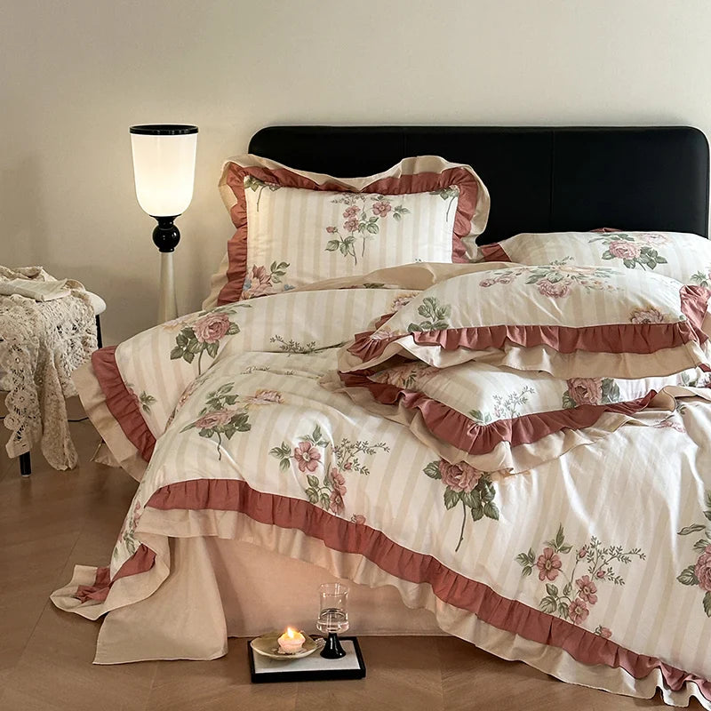 Afralia™ Vintage Floral Cotton Ruffles Princess Bedding Set with Double Layer