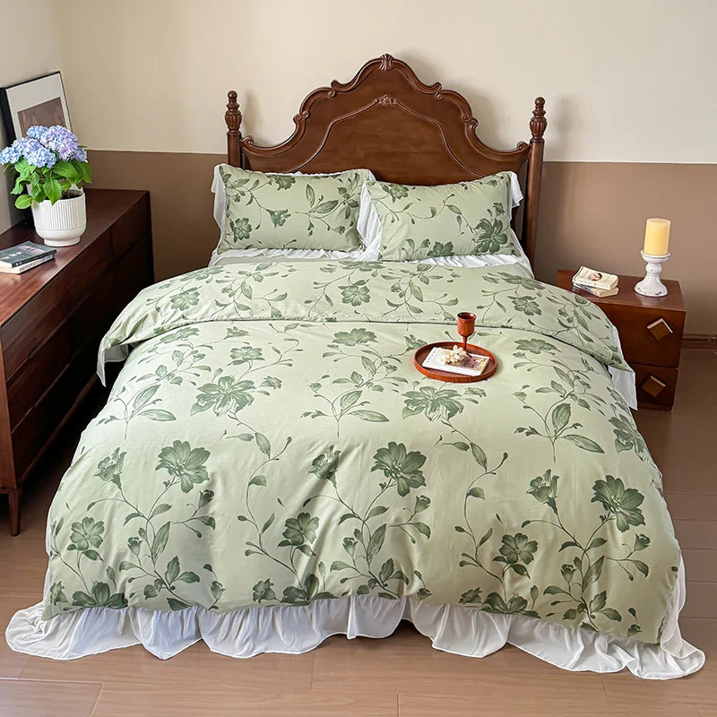 Afralia™ French Flowers Lace Ruffles Princess Bedding Set with Bed Sheet Pillowcases