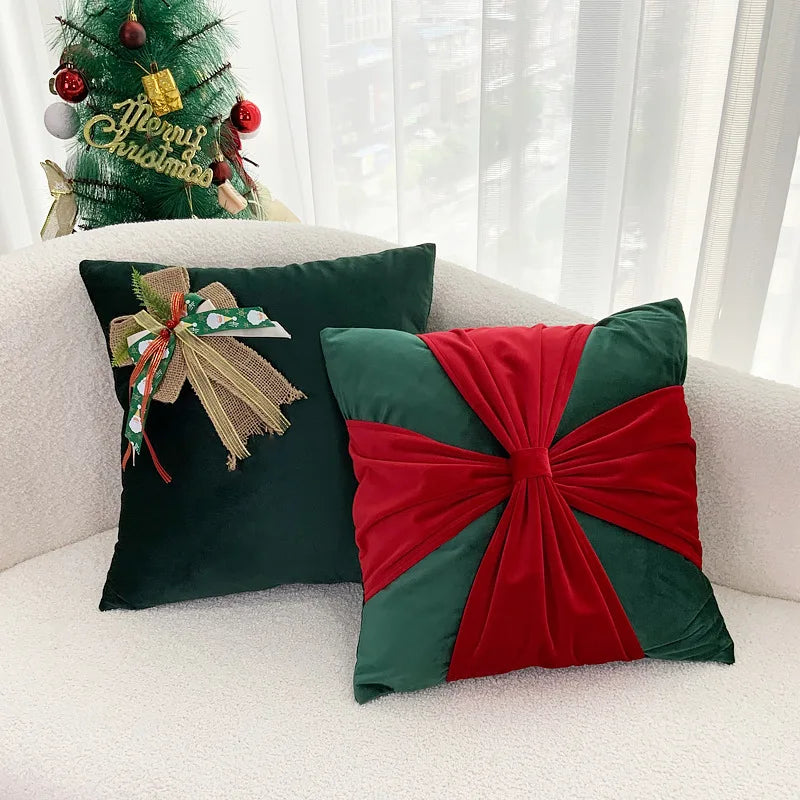 Afralia™ Christmas Bow Patchwork Velvet Pillow Cover Set for Festive Home Decor