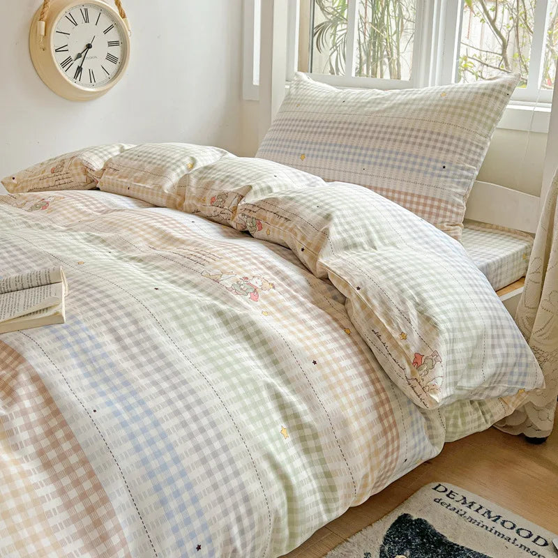 Afralia™ Cotton Grid Pattern Bedding Set with Duvet Cover & Pillowcases for Double Bed