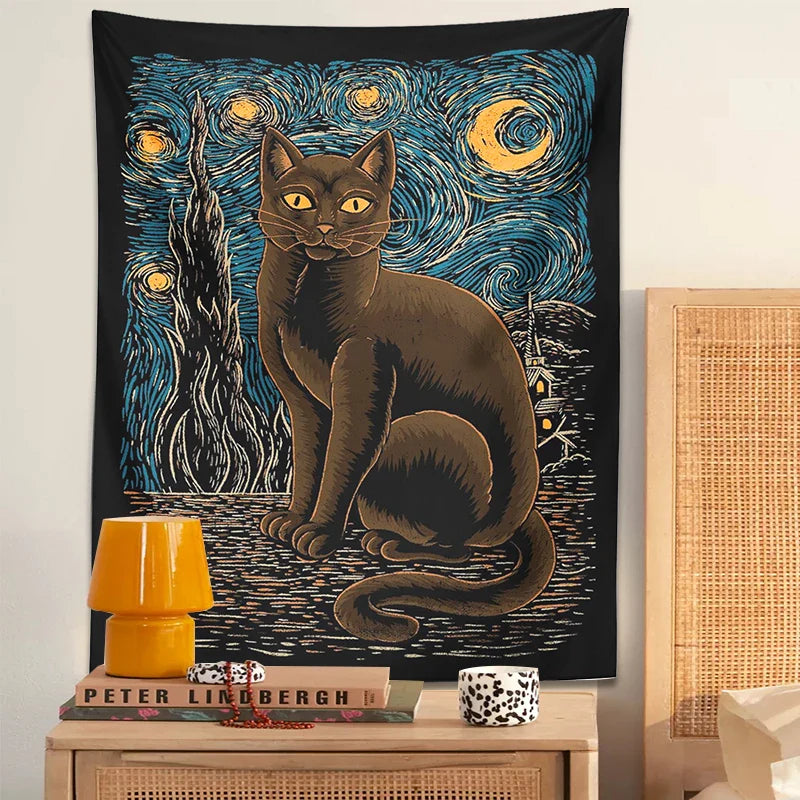 Afralia™ Starry Night Cat Tapestry: Van Gogh Inspired Mysterious Wall Decor