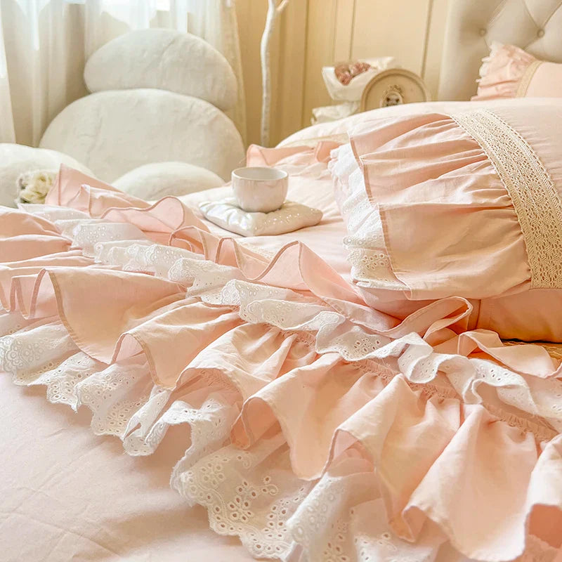 Afralia™ Pink Princess Lace Ruffles Bedding Set - 100% Cotton Double Layer Duvet Cover