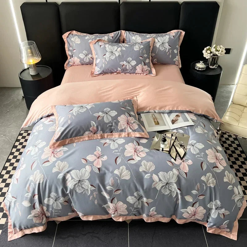 Afralia™ Pink Flowers Bedding Set in Traditional Chinese Style