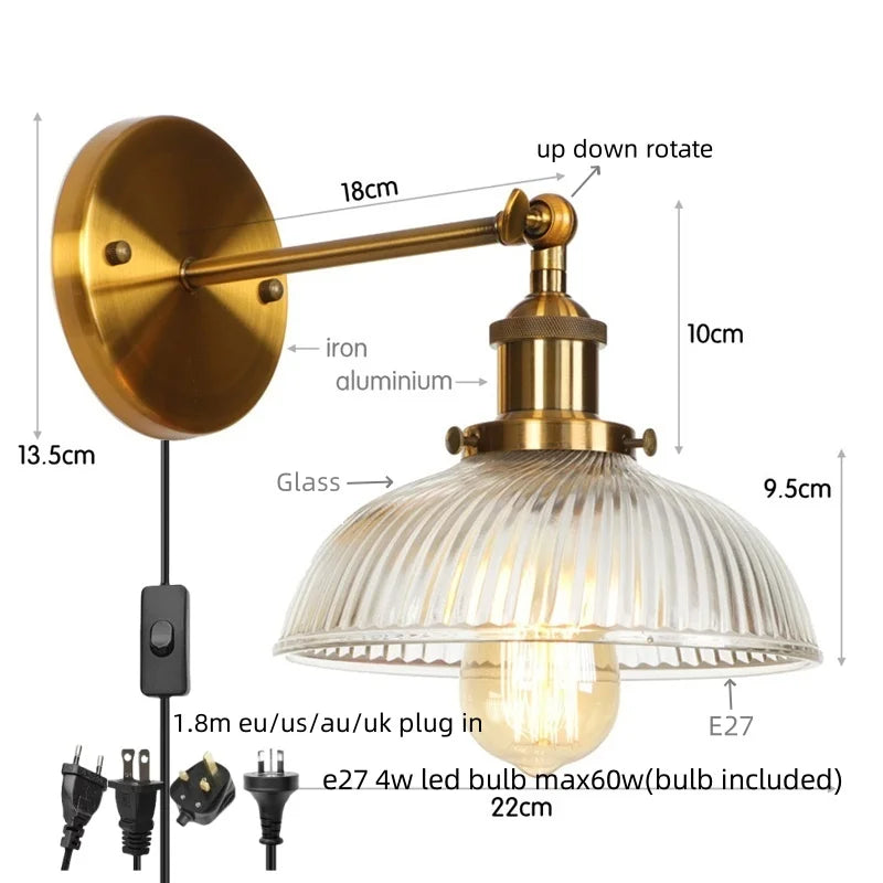 Afralia™ Black LED Wall Lamp Vintage Style Iron Bedside Light Glass Wall Sconce