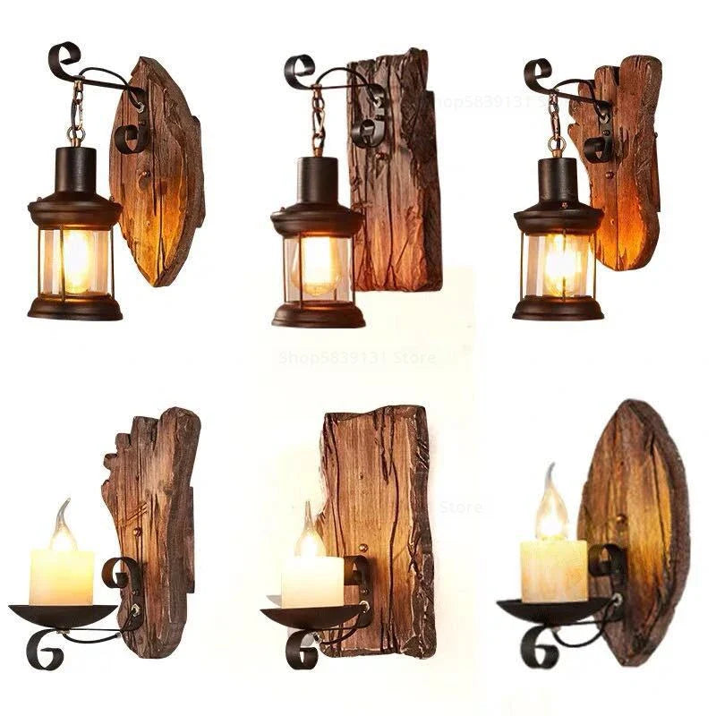 Afralia™ Nordic Wrought Iron Wood Wall Lamps LED Retro Creative Home Lighting