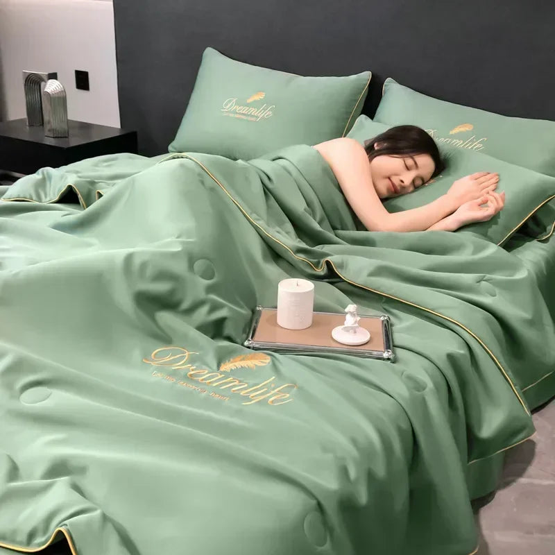 Afralia™ Luxury Embroidery Quilt Set, 4-Piece Summer Comforter Bedding for Air-Conditioned Comfort