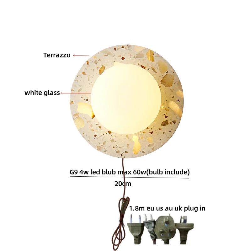 Afralia™ Terrazzo Stone Glass LED Wall Light Fixture with Pull Chain Switch