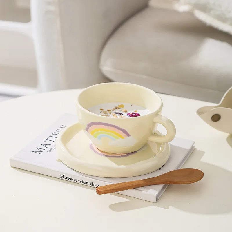 Afralia™ Rainbow Ceramic Coffee Mug Set with Tray Saucer, 250ml Korean Style