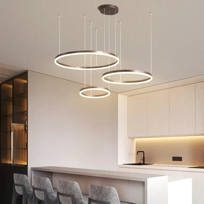 Afralia™ Brushed Rings LED Pendant Chandelier in Gold Coffee Color
