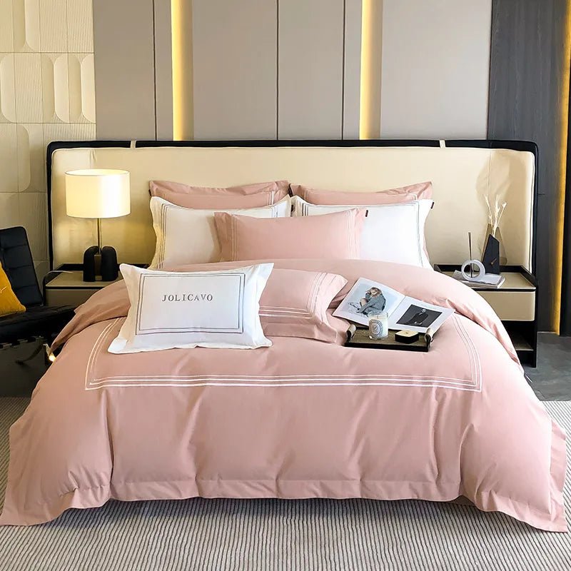 Afralia™ Monochrome Luxury Embroidery Cotton Bedding Set: Duvet Cover, Quilt, Sheets, Pillowcase