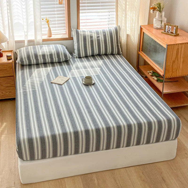 Afralia™ Cotton Stripe Fitted Sheet- Single Cozy Mattress Cover with Elastic Band
