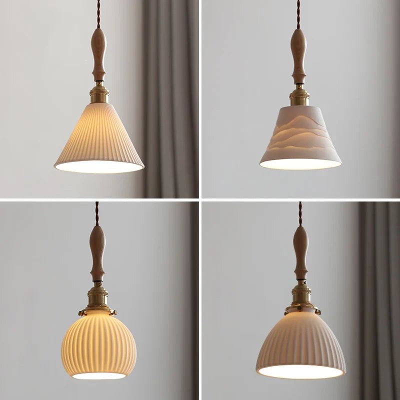 Afralia™ Ceramic Hanging Lamp with Wood Handle for Bedroom, Dinning, Living Room