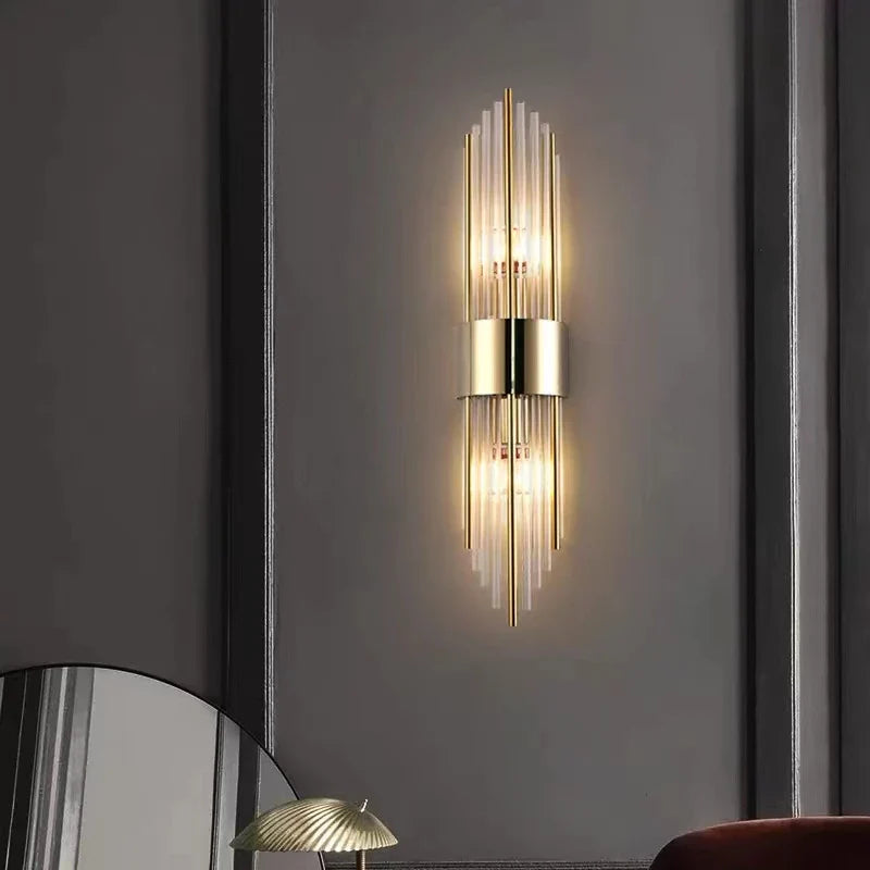 Afralia™ Mini Clear Glass Wall Sconce Light in Gold and Black Stainless Steel