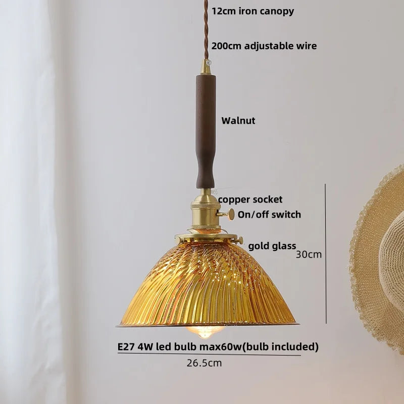 Afralia™ Walnut LED Pendant Light | Nordic Modern Glass Hang Lamp with Brass Knob Switch