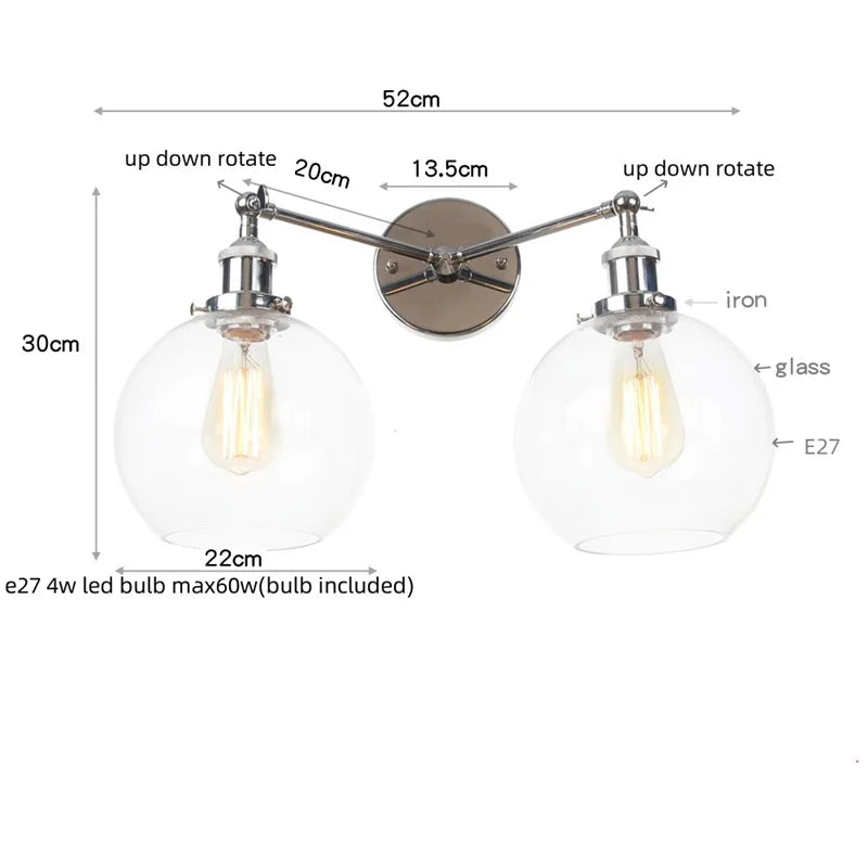 Afralia™ Retro LED Wall Light with Pull Chain Switch, 2 Heads Sconce for Living Room