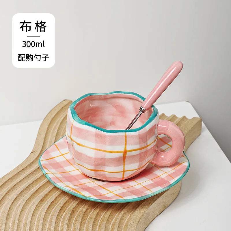 Afralia™ Ceramic Mug Set with Spoon, Dish | Kawaii Flower Pattern Coffee Cup