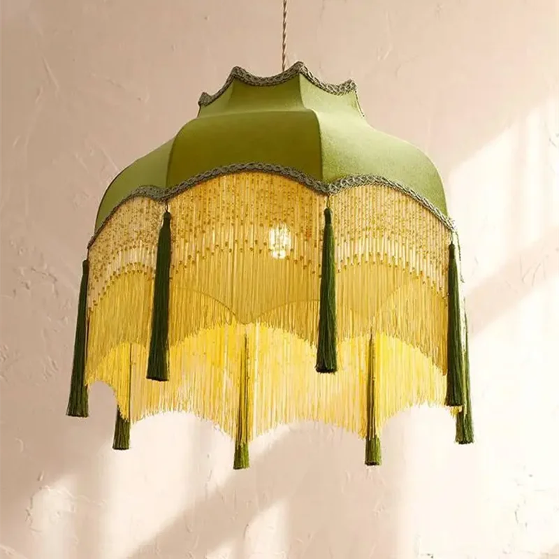 Afralia™ Vintage Green Tassel Pendant Light with Cloth Lamp Shade