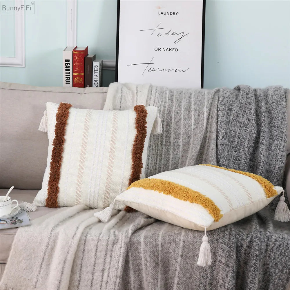 Afralia™ Boho Woven Tassel Tufted Throw Pillow Case for Sofa Bed Chair