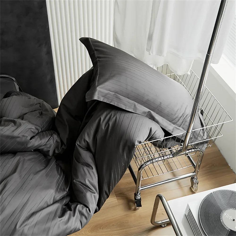 Afralia™ Grey Lines Stripes Duvet Cover Set Cotton Satin Jacquard Queen King Size