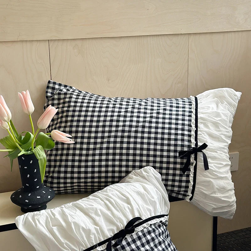 Afralia™ Checkered Ruffle Pleat Bedding Set with Bow Decoration