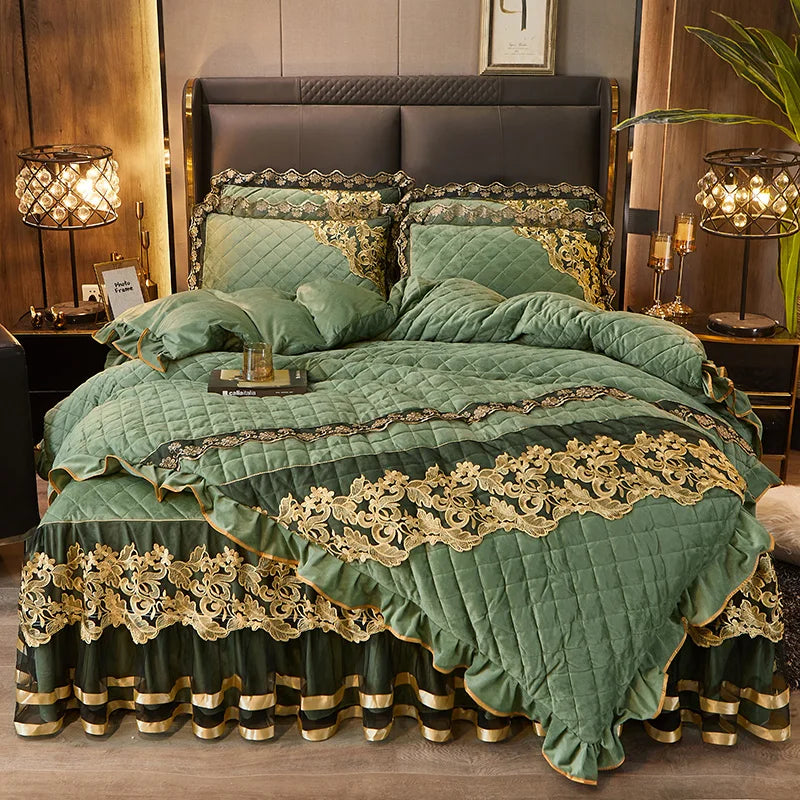 Afralia™ Black Gold Luxury Crystal Velvet Bedding Set with Quilted Embroidery & Ruffles
