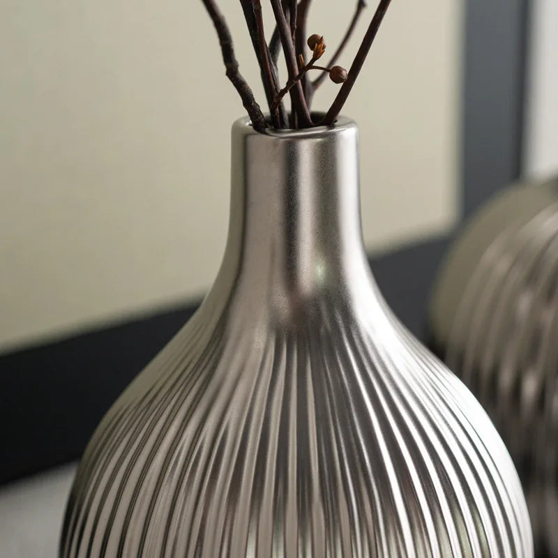 Afralia™ Silver Ceramic Vase with Fruits and Geometric Stripes