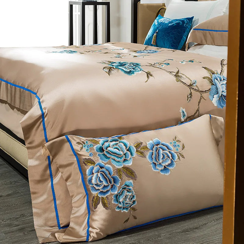 Afralia™ Embroidered Egyptian Cotton Bedding Set - Queen King Linens, 200S Thread Count