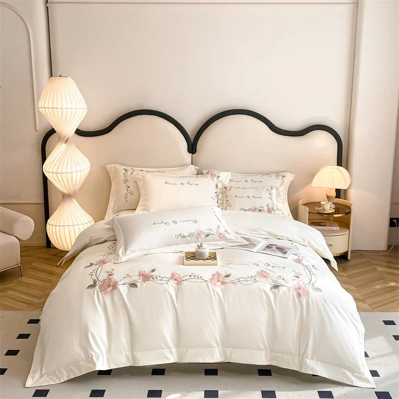 Afralia™ Luxe Floral Embroidery Bedding Set, Queen/King, 100% Cotton