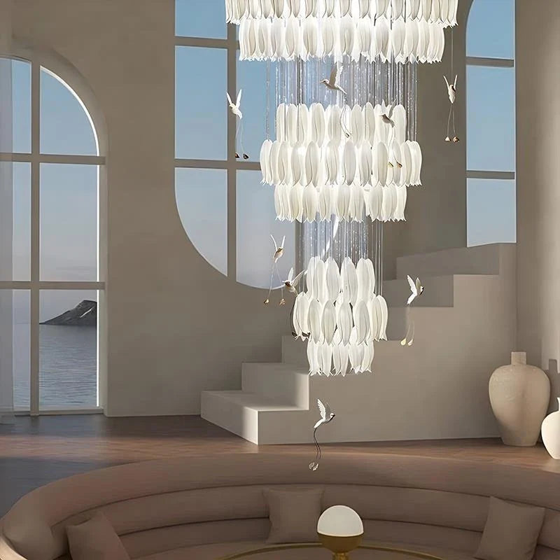 Afralia™ Ceramic Flower Chandelier for High Ceiling Staircase Loft Living Room