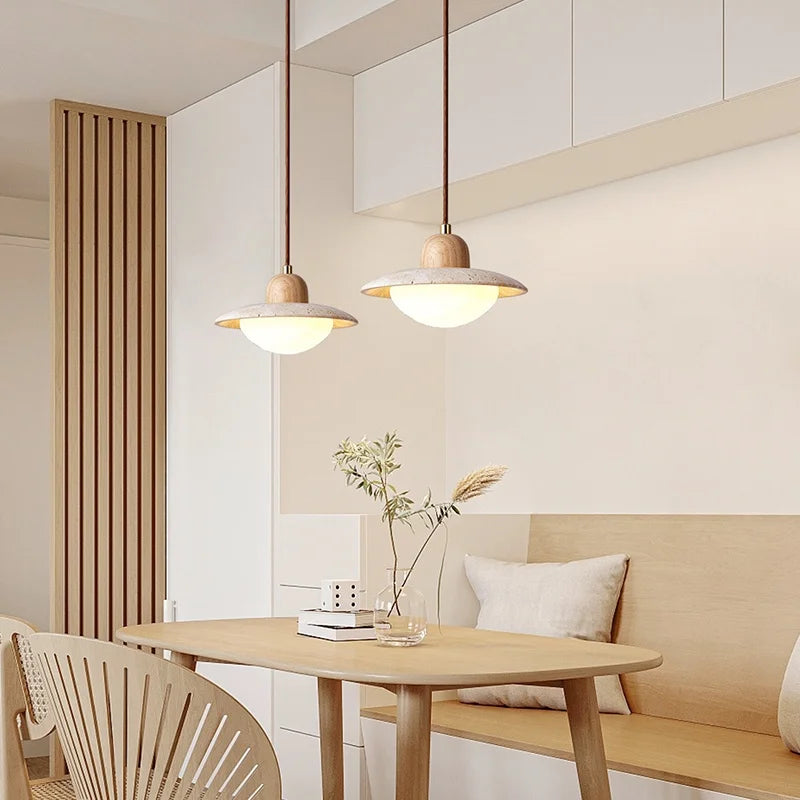 Afralia™ LED Pendant Lights Yellow Travertine Wood Hanging Lamp for Bedroom Dining Room