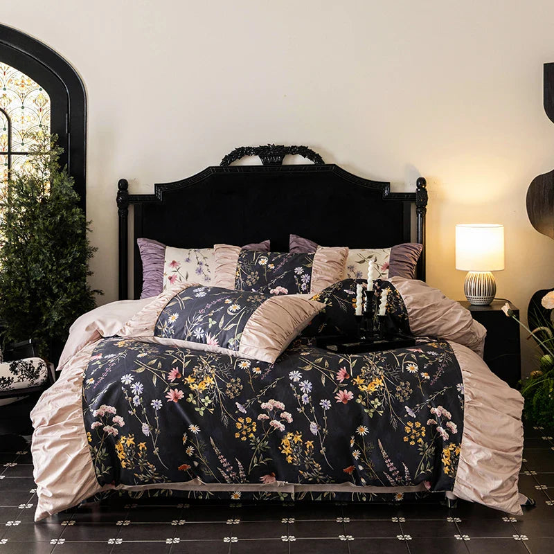 Afralia™ Vintage Rose Print Ruffles Bedding Set: 800TC Egyptian Cotton, Duvet Cover, Sheet, Pillowcases