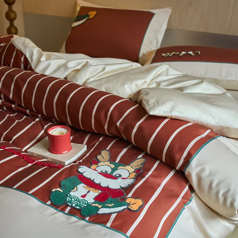 Afralia™ Chinese Embroidered Cotton Bedding Set: King Size Duvet Cover, Sheet, Quilt Cover