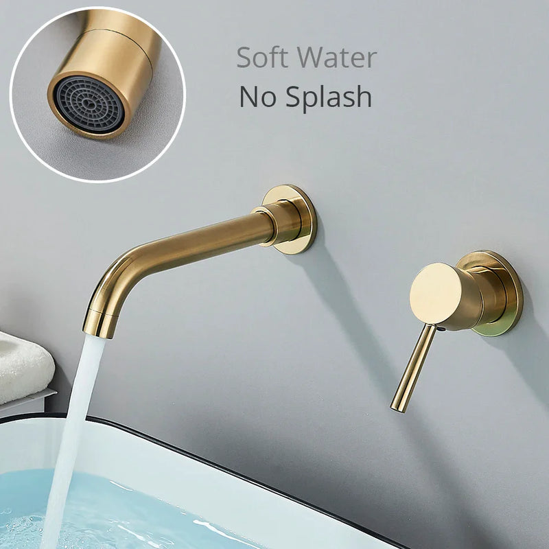 Afralia™ Wall Mounted Brushed Gold/Black Basin Faucet: Bathroom Sink Tap Hot/Cold Mixer