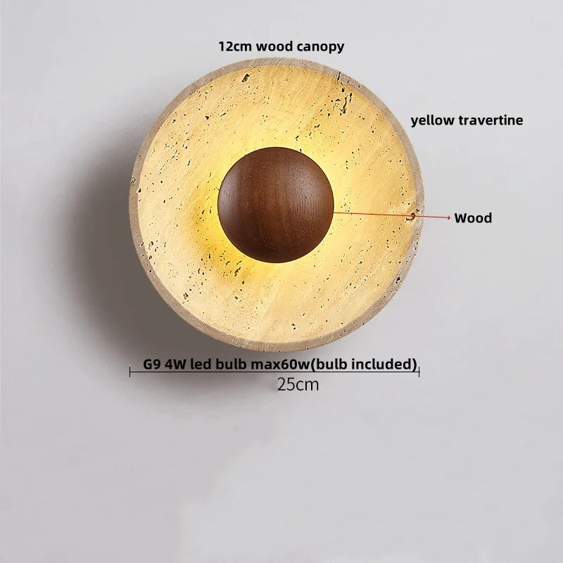 Afralia™ Wood White Glass LED Wall Sconce Yellow Travertine Mirror Light