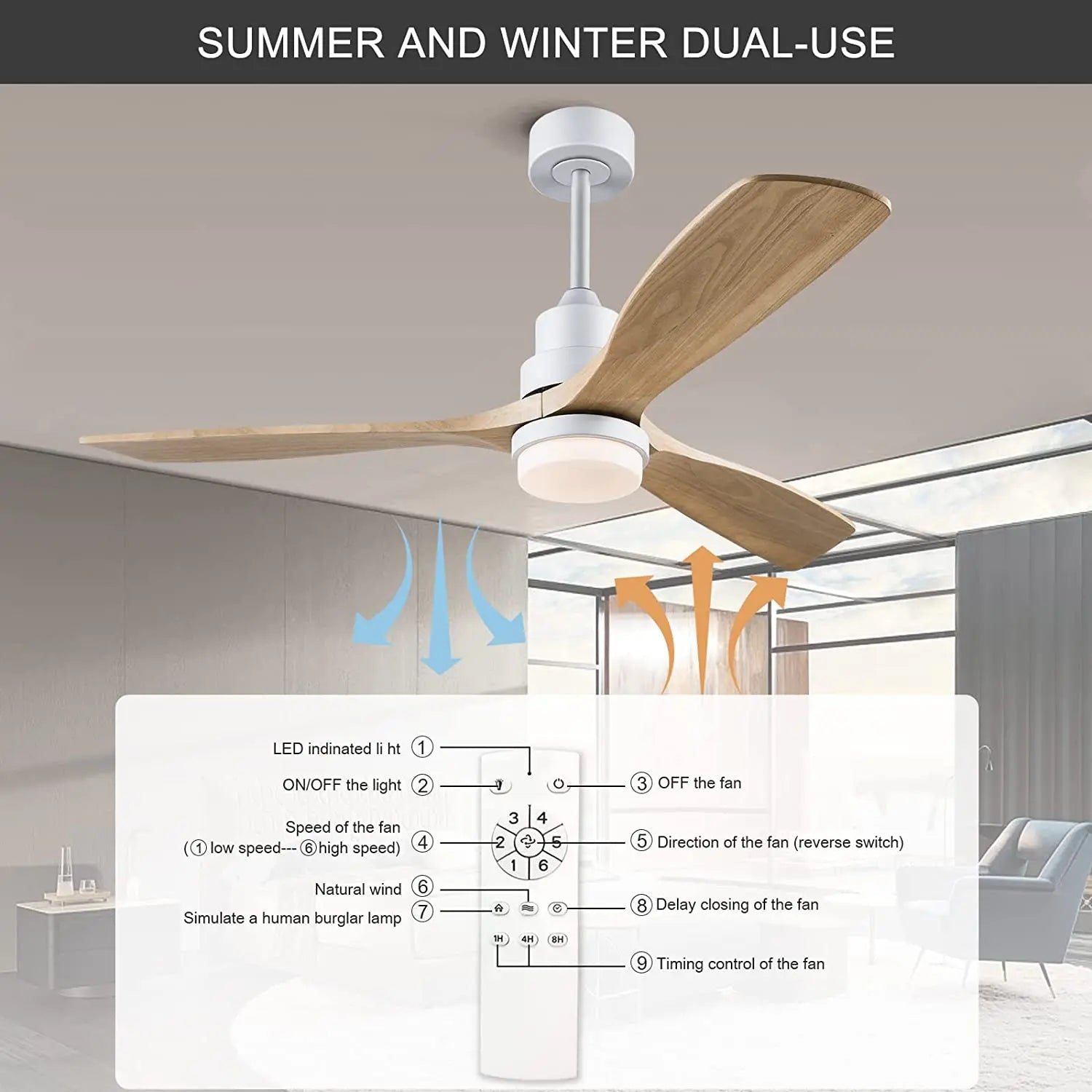 Afralia™ Nordic 52" Ceiling Fan with LED Light and Control - Modern White/Black Wood Chandelier